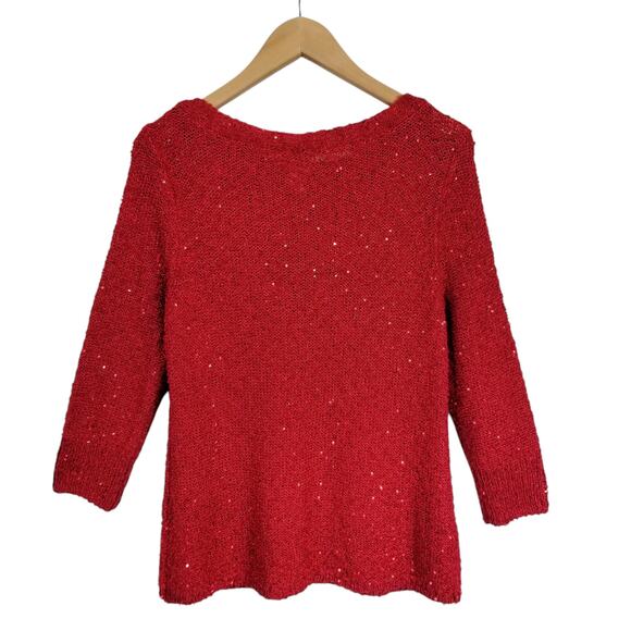 Chico's Women's Boatneck Red Sequin Shimmer 3/4 Sleeve Sweater Size Medium - Picture 2 of 7